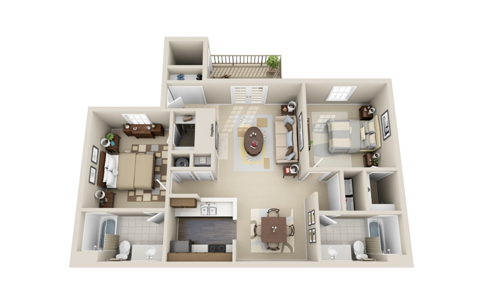 The Antebellum - 2 bedroom floorplan layout with 2 baths and 1175 square feet.